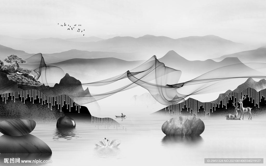 大气意境灰色山水 tif分层