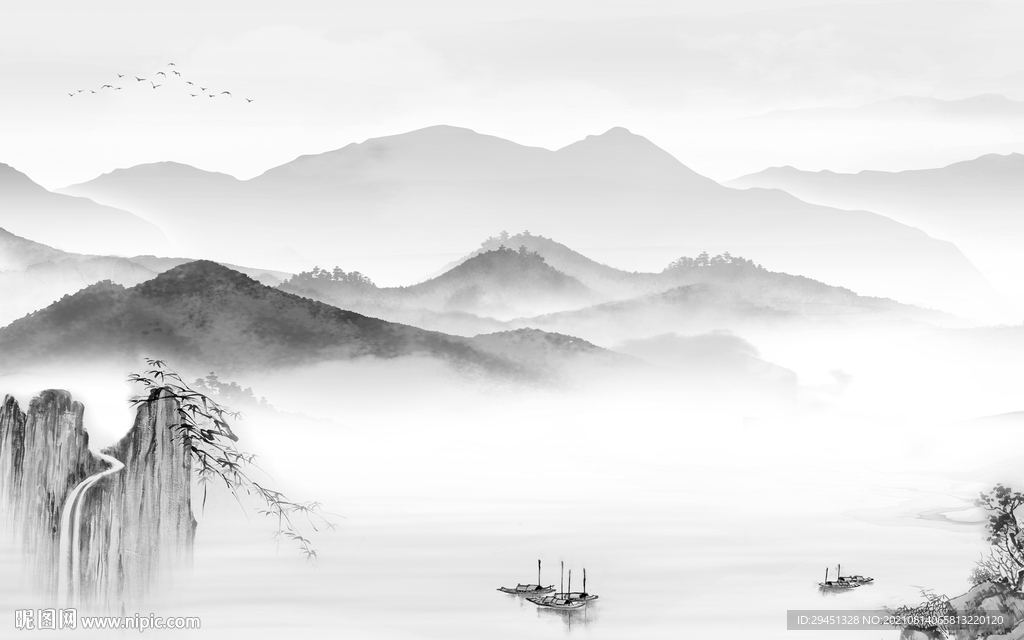 高档 意境灰色山水 tif分层