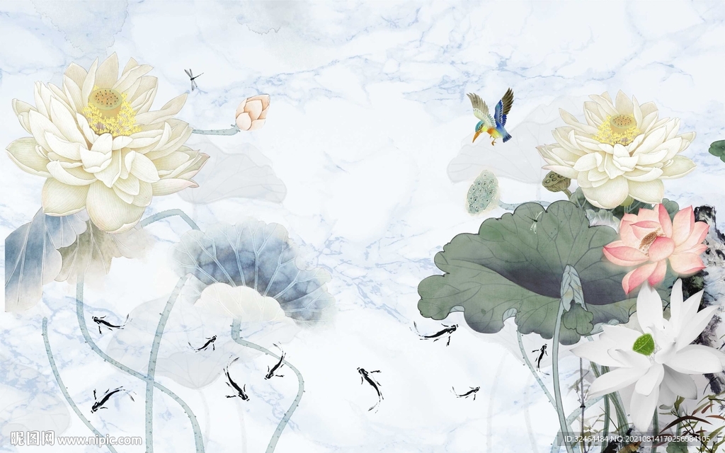 荷花电视背景墙