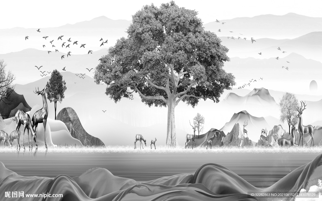 人气 高清灰色山水 TIF分层