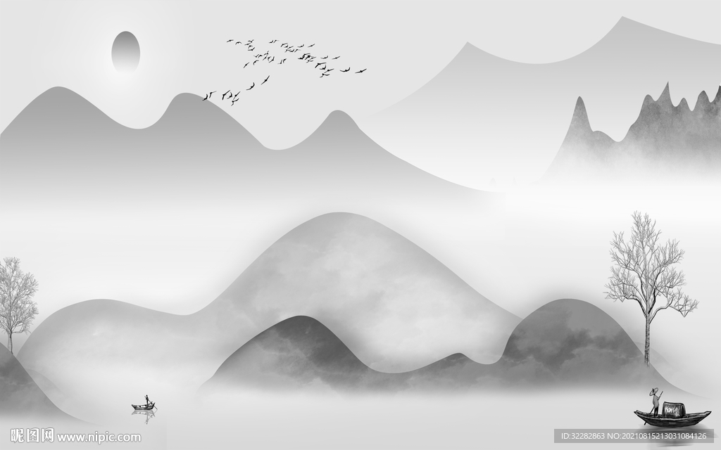 别墅意境灰色山水 TIF分层