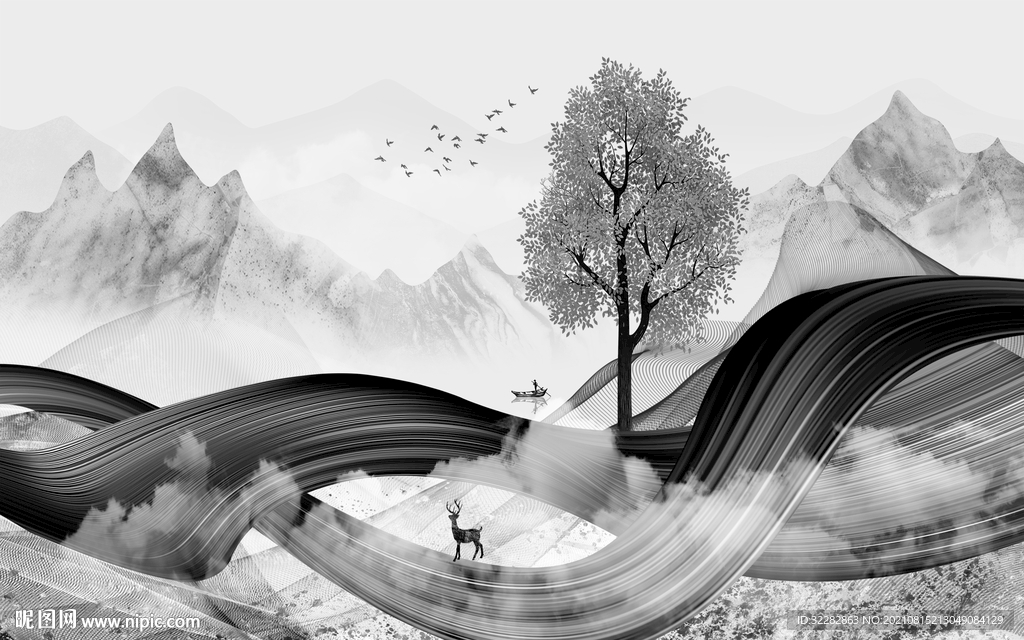 新款意境灰色山水 TIF分层