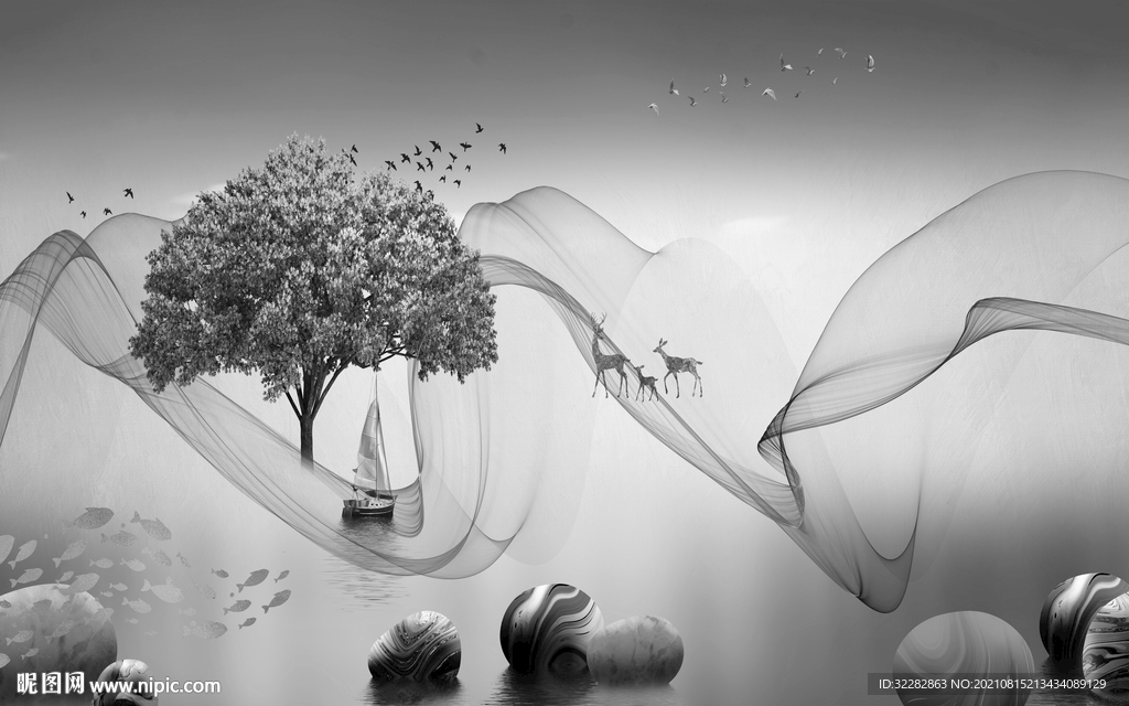 最新意境灰色山水 TIF分层