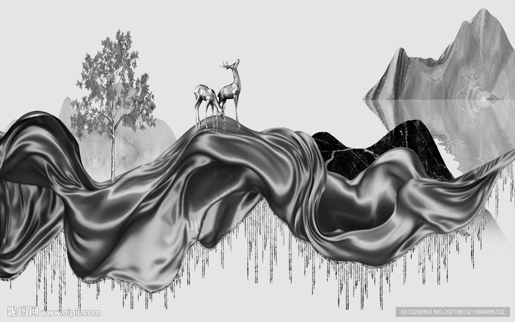 麋鹿高清灰色山水 TIF分层