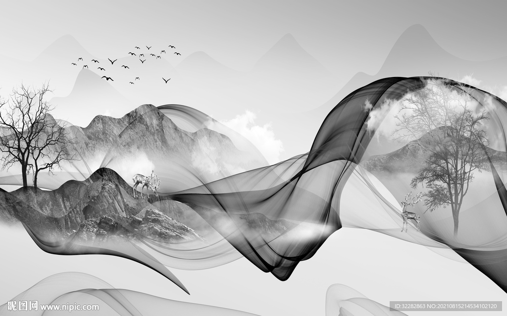 中式意境灰色山水 TIF分层