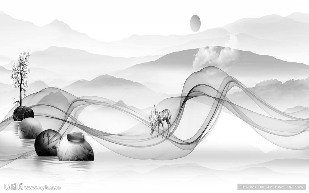 爆款中式灰色山水 TIF分层