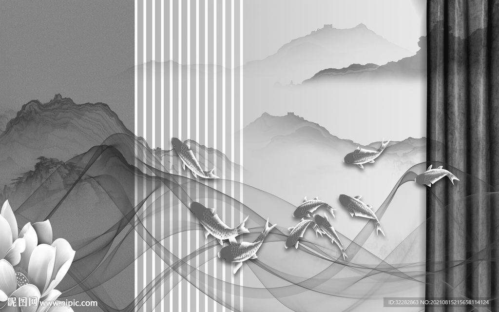 别墅中式灰色山水 TIF分层