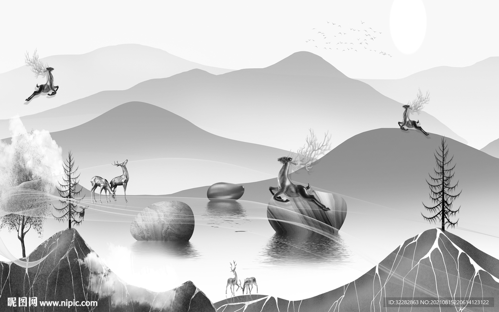 极简客厅灰色山水 TIF分层