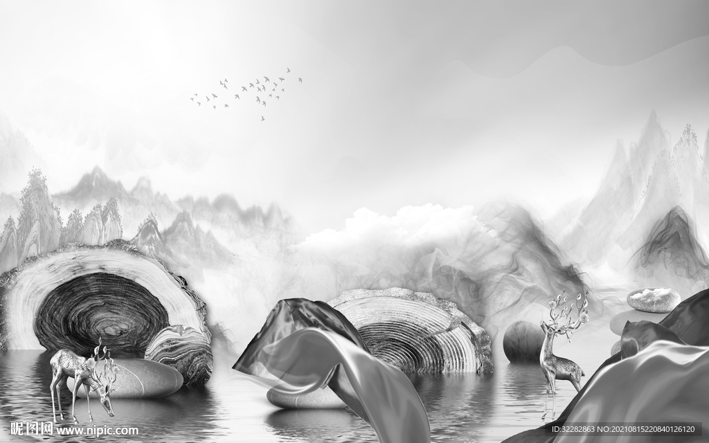 高端意境灰色山水 TIF分层