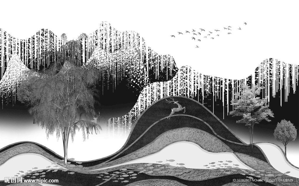 最新中式灰色山水 TIF分层