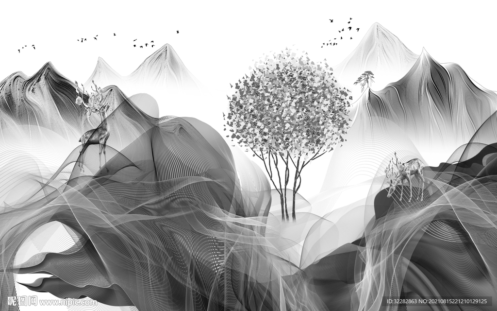 别墅客厅灰色山水 TIF分层