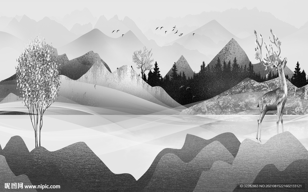 极简客厅灰色山水 TIF分层