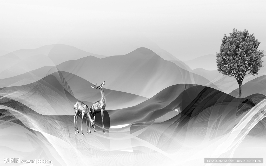 简约中式灰色山水 TIF分层