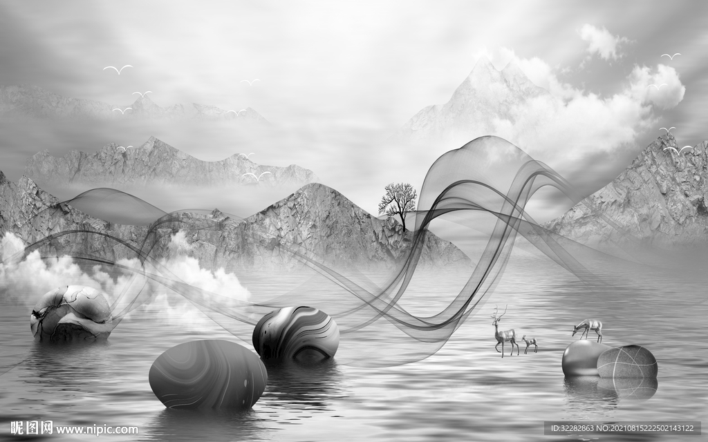 新中式客厅灰色山水 TIF分层