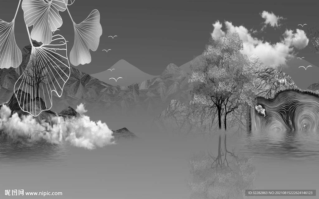 意境中式灰色山水 TIF分层