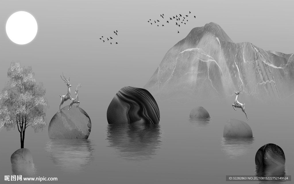 高档中式灰色山水 TIF分层