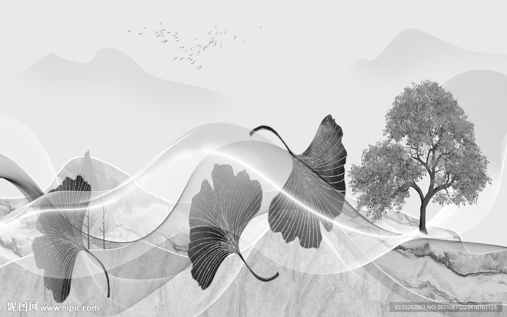 高清 中式灰色山水 TIF分层