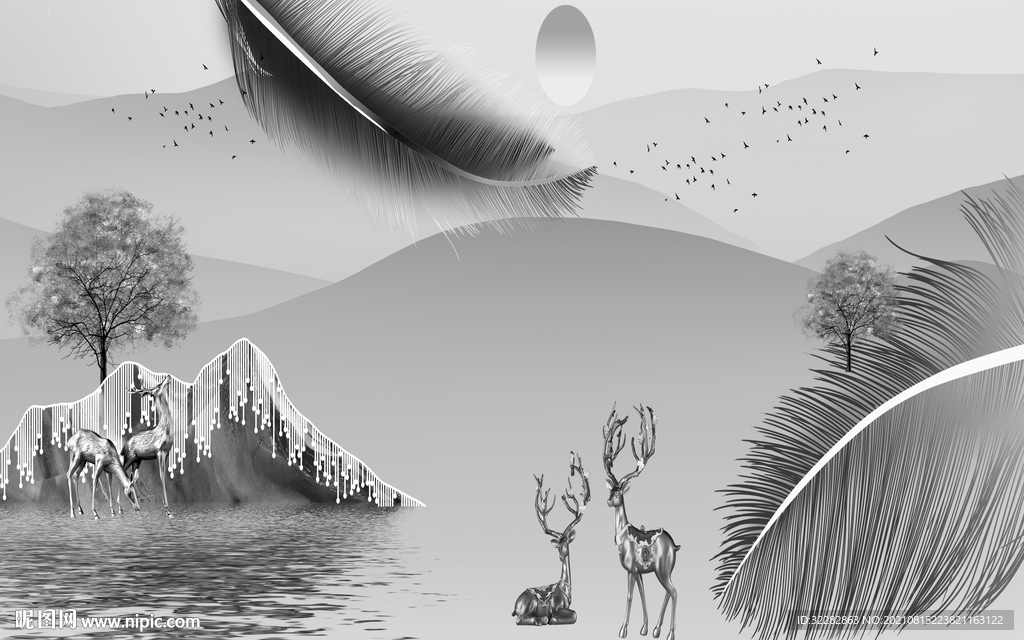 羽毛客厅灰色山水 TIF分层