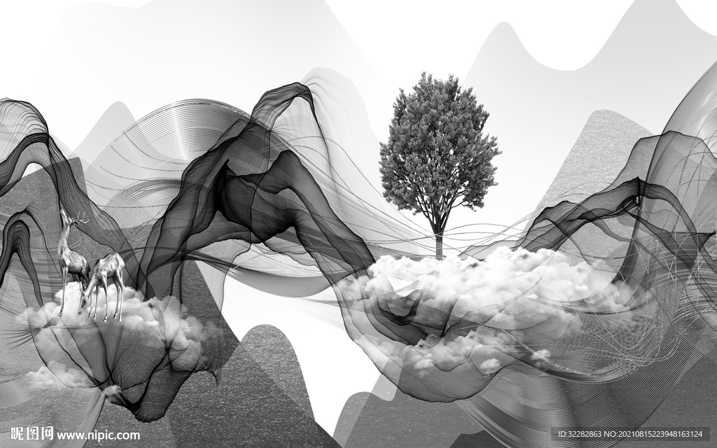 人气中式灰色山水 TIF分层