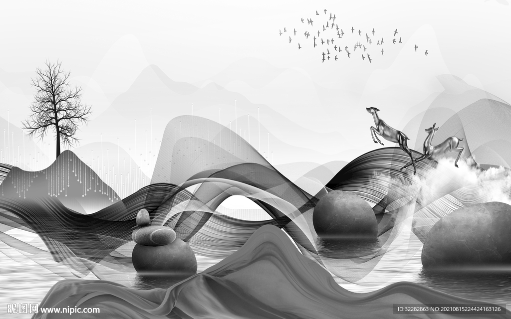 人气 客厅灰色山水 TIF分层