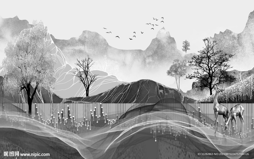 现代 中式灰色山水 TIF分层