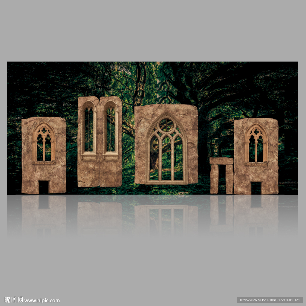 森系欧式建筑废墟背景