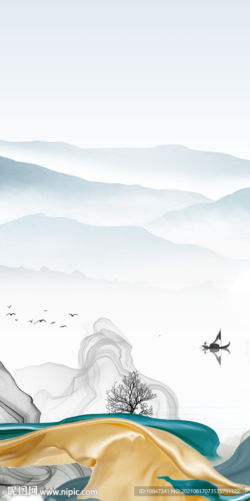 无框画玄关山水图 TIF分层画