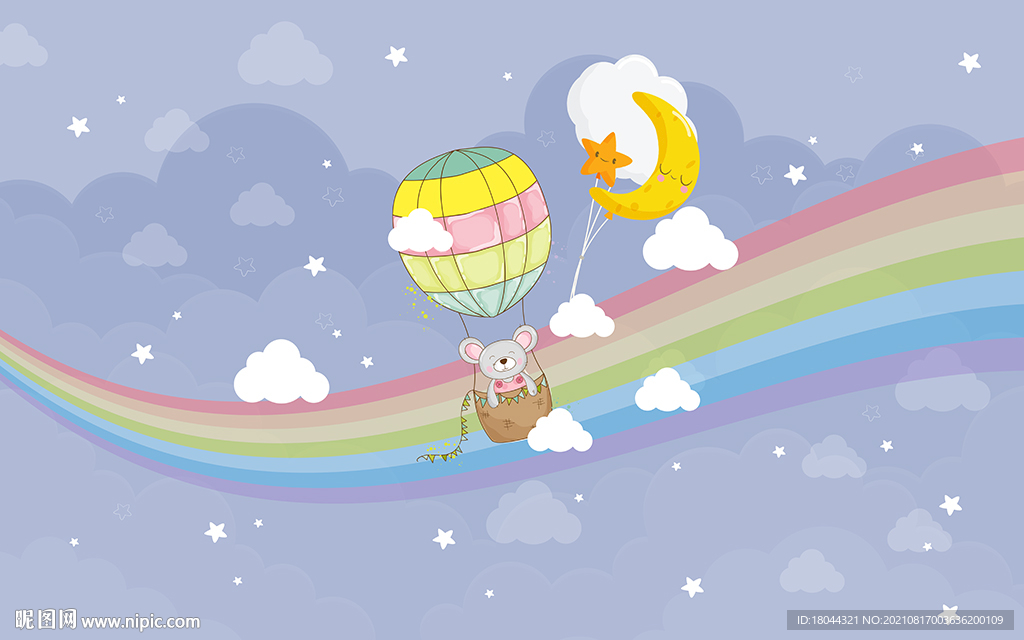 可爱卡通小熊热气球儿童房背景墙