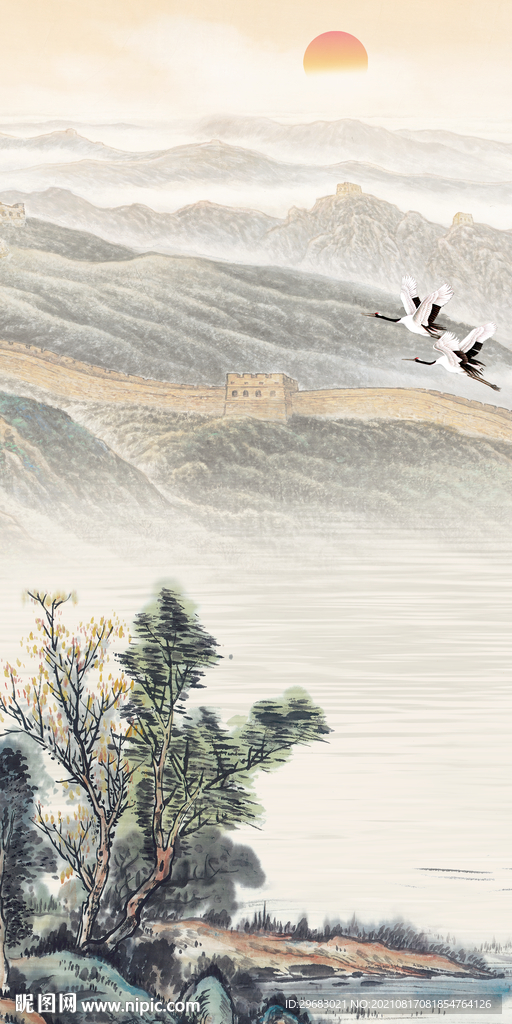 国画无框画玄关 分层文件  