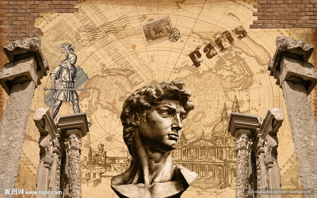 罗马柱雕像欧式工装背景墙