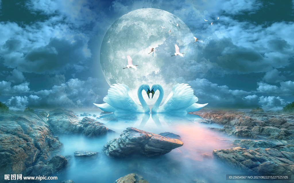 花好月圆浪漫天鹅背景墙