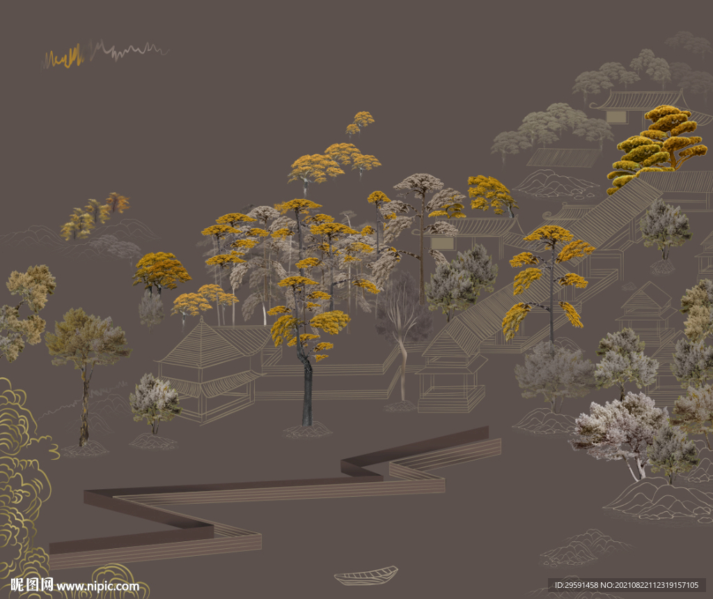 线条楼阁背景墙