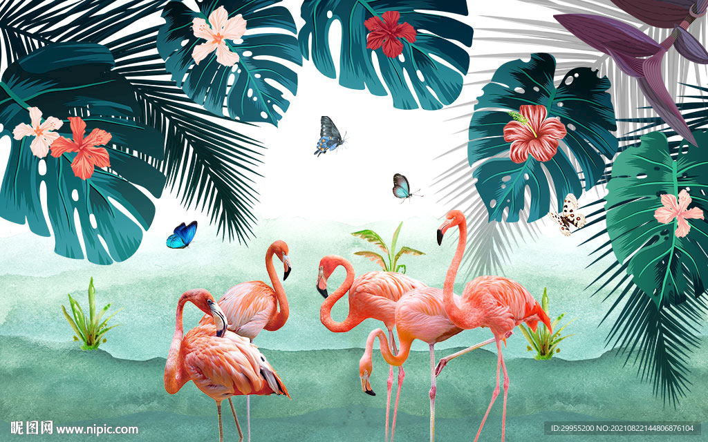 植物火烈鸟背景墙