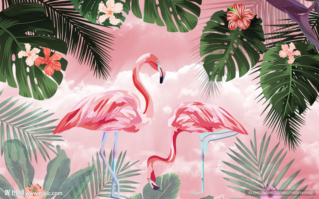 植物火烈鸟背景墙