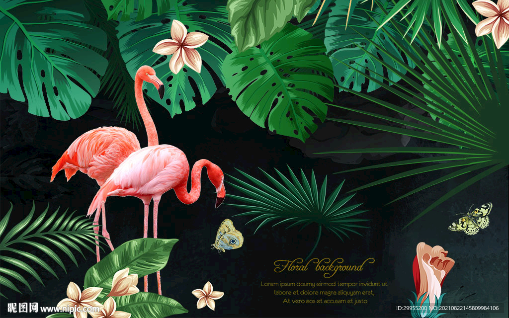 植物火烈鸟背景墙