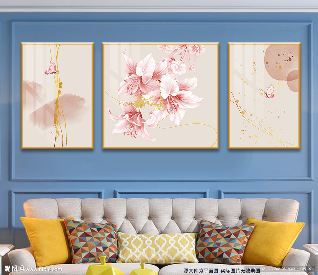 轻奢线条水彩百合花装饰画