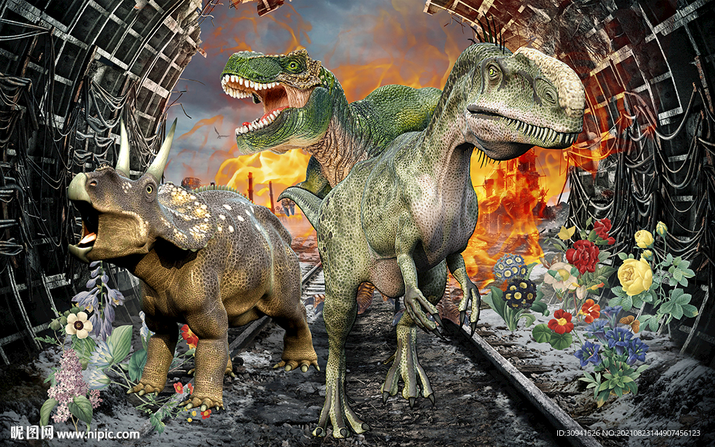 3D隧道侏罗纪恐龙背景墙