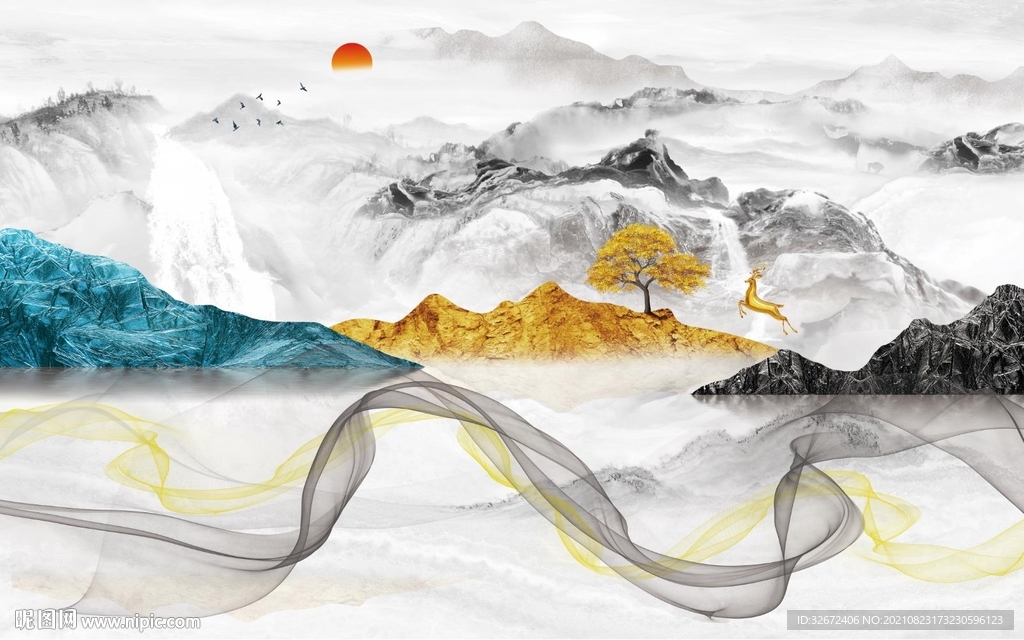 中国风山水客厅背景 TIF分层