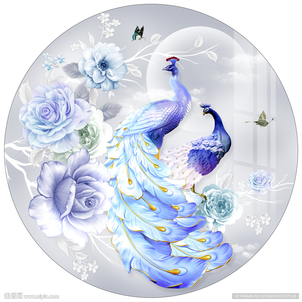 现代简约浮雕孔雀圆形装饰画