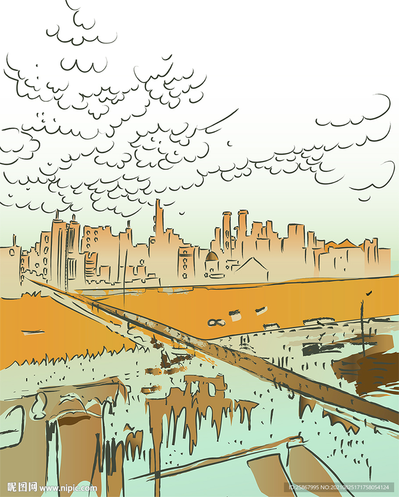 现代手绘城市风景壁画