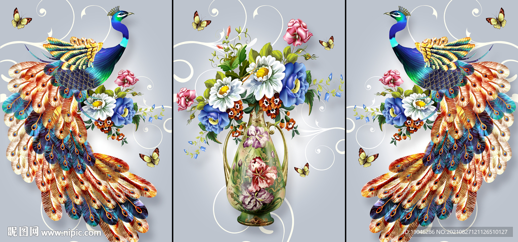 时尚花瓶孔雀三联画