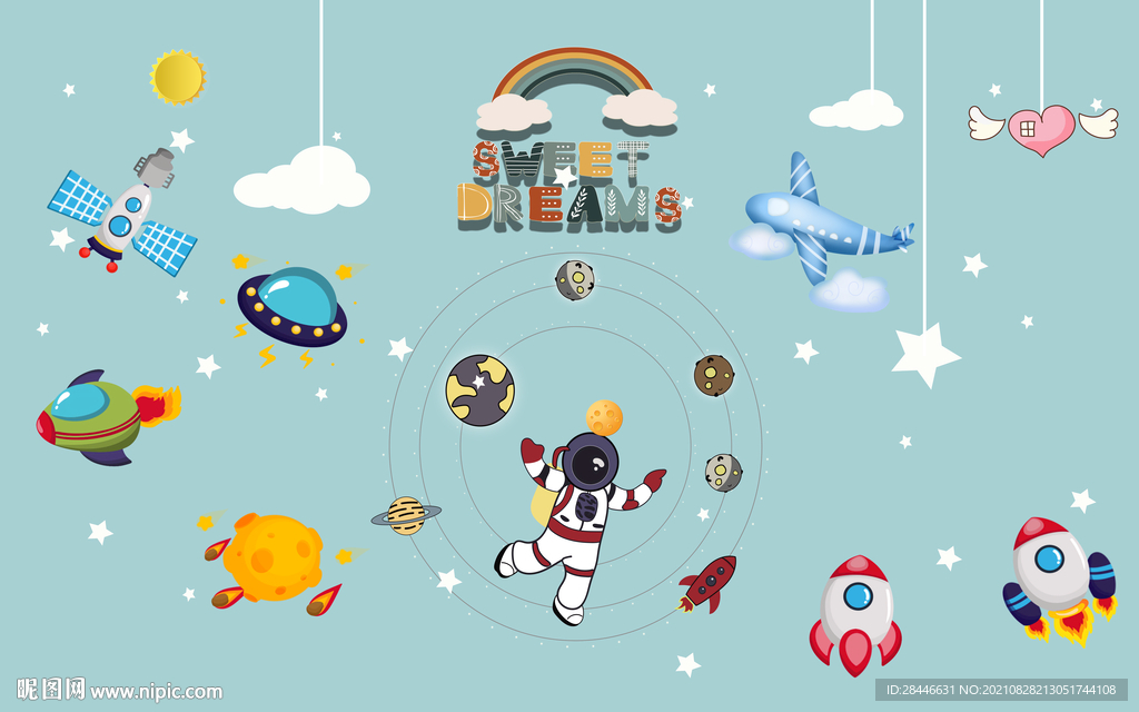 北欧卡通手绘儿童房背景墙壁纸壁