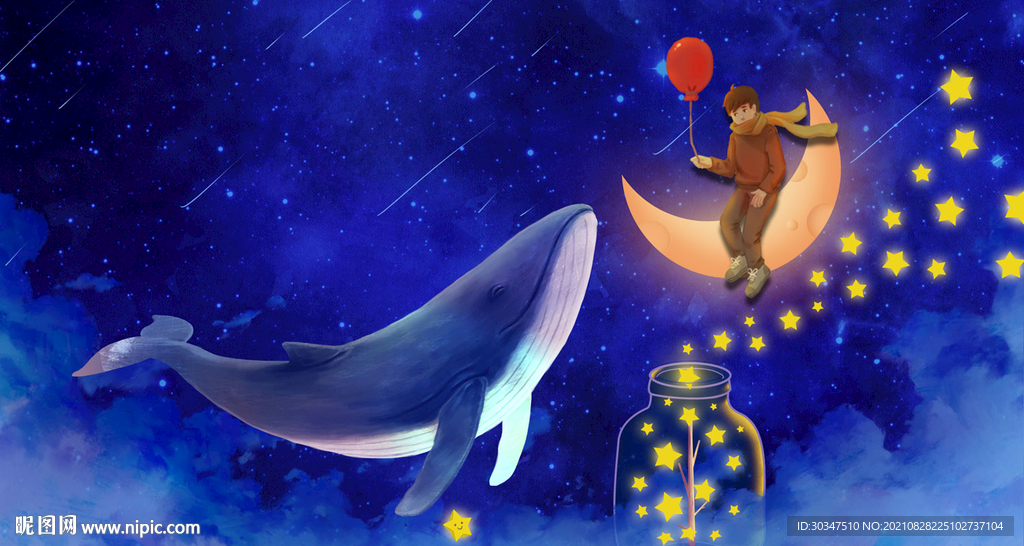 鲸鱼插画儿童书房背景墙