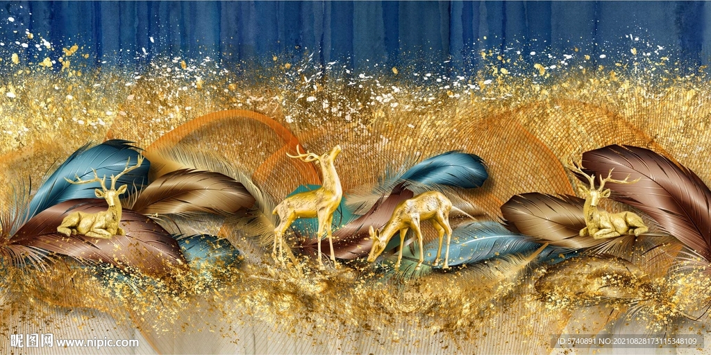 洒金羽毛发财鹿三联画