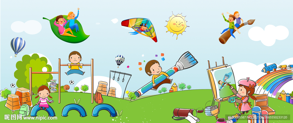 卡通手绘儿童游玩场景画