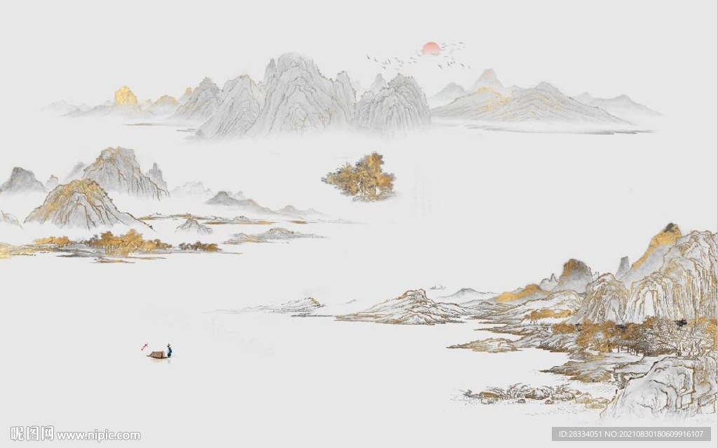 金色水墨山水风景电视背景墙