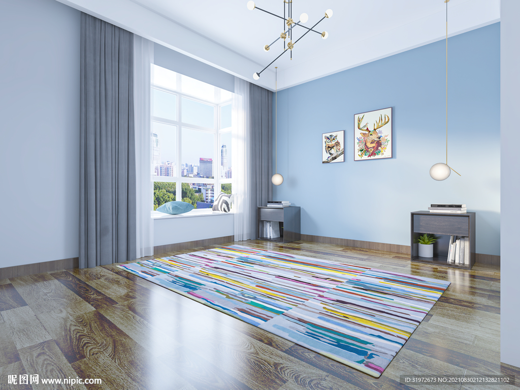 北欧极简卧室背景墙3D直播空景