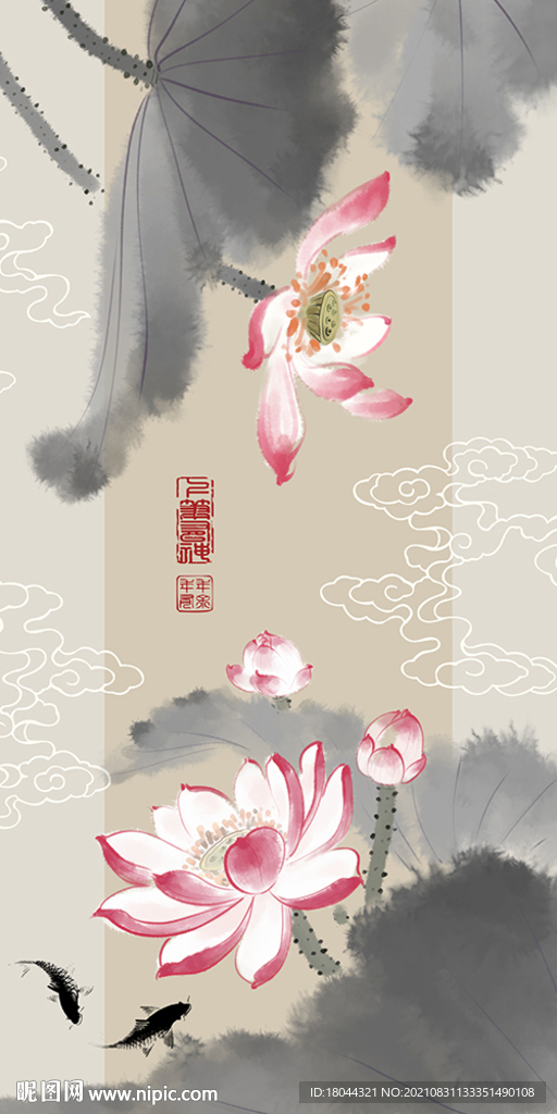 新中式水墨荷花鲤鱼玄关装饰画