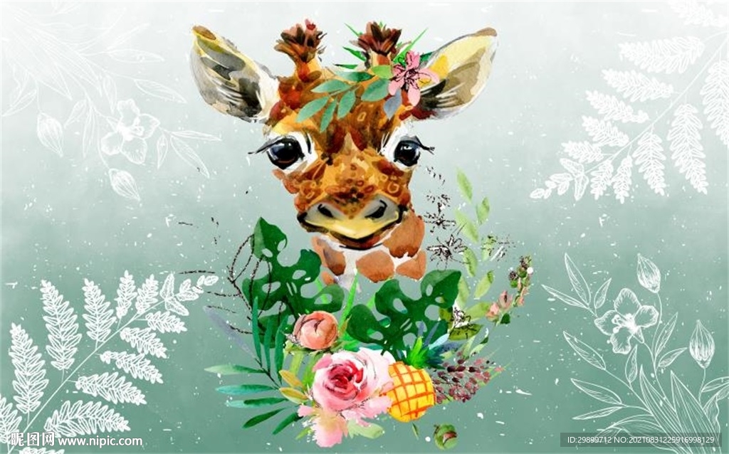 长颈鹿鲜花叶子绿色卡通壁纸背景