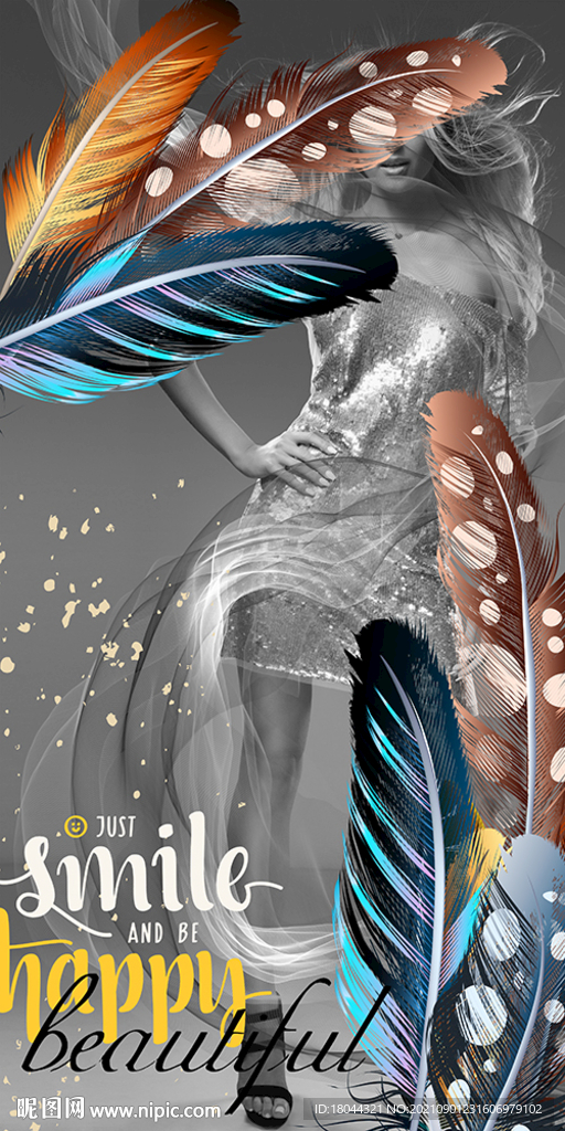 欧美时尚美女羽毛玄关装饰画